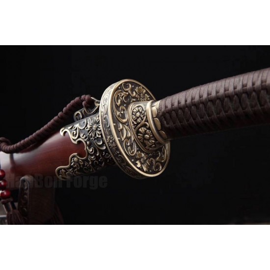 Chinese Sword Chrysanthemum Qing Dao Hazuya Polish Damascus Steel Clay Tempered Blade