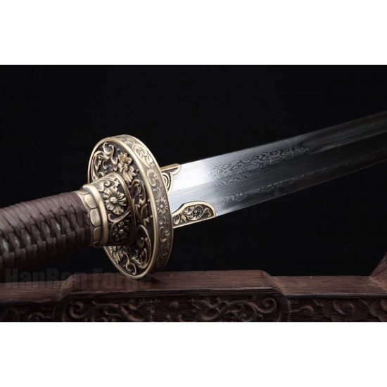 Chinese Sword Chrysanthemum Qing Dao Hazuya Polish Damascus Steel Clay Tempered Blade