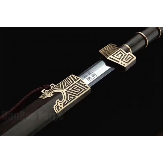 Shi Huang Jian Chinese Sword Damascus Folded Steel Ebony Scabbard