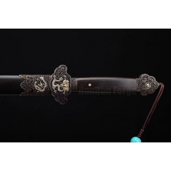 Chinese Sword Jian Damascus Steel Real Hamon Blade Hollow Brass Dragon Fitttings