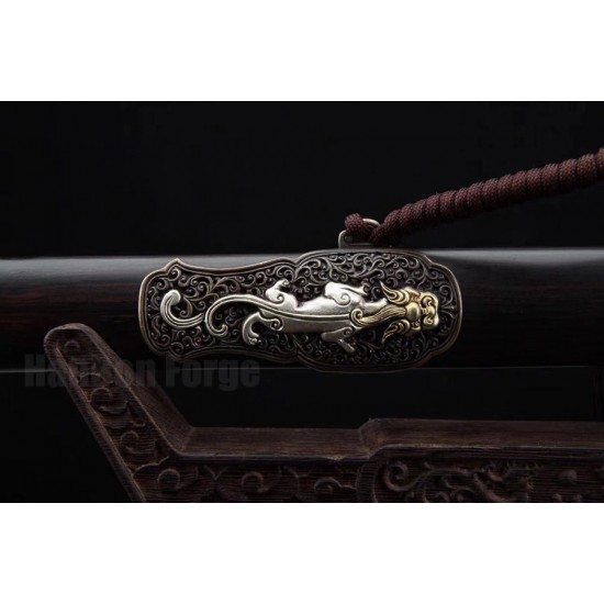 Chinese Sword Jian Damascus Steel Real Hamon Blade Hollow Brass Dragon Fitttings