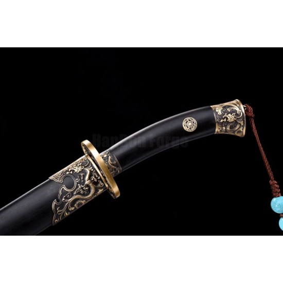 Qianlong Dragon Chinese Sword Dao Sabre Folded Steel Blade Ebony Scabbard