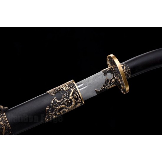 Qianlong Dragon Chinese Sword Dao Sabre Folded Steel Blade Ebony Scabbard