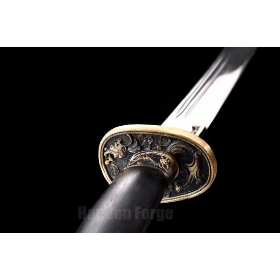 Qianlong Dragon Chinese Sword Dao Sabre Folded Steel Blade Ebony Scabbard