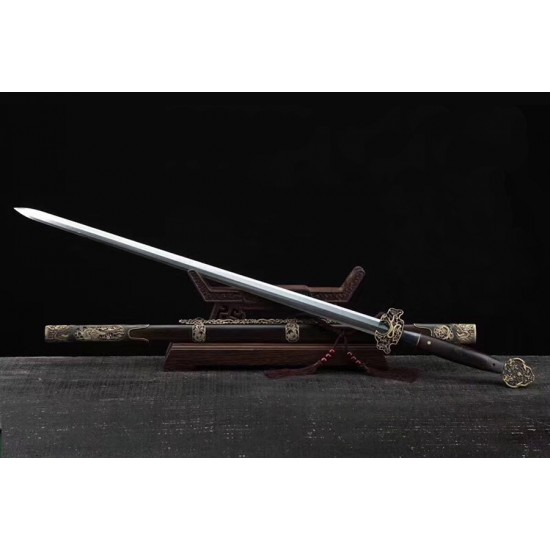 Ming Gong Jian Chinese Sword Folded Steel Blade Full Tang Ebony Scabbard Brass Fittings