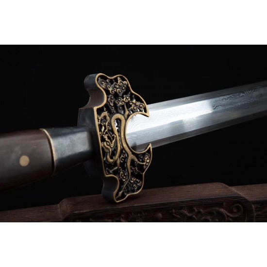 Ming Gong Jian Chinese Sword Folded Steel Blade Full Tang Ebony Scabbard Brass Fittings