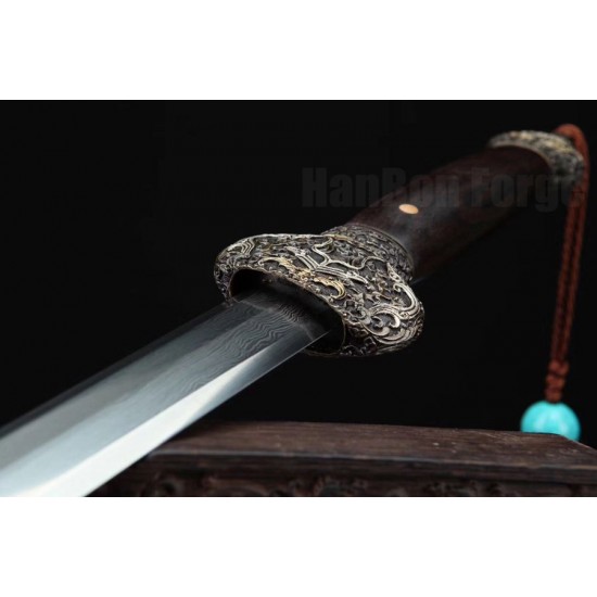 Chinese Sword Jian (仙福剑)  Tricolor Copper Damascus Folded Steel Hand Polish Blade