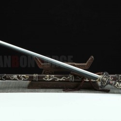 Chinese Dragon God Jian Sword Pattern Steel Clay Tempered Blade Brass Engraving Fittings