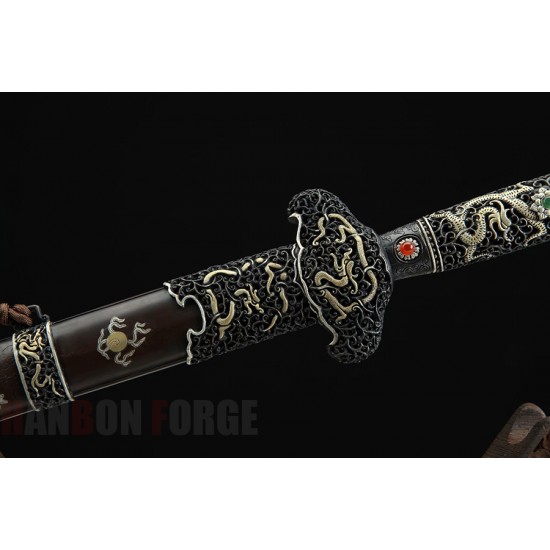 Chinese Dragon God Jian Sword Pattern Steel Clay Tempered Blade Brass Engraving Fittings