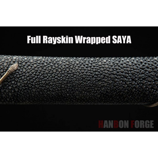 Hand Forged Japanese Saber fully rayskin saya clay tempered blade brass fittings