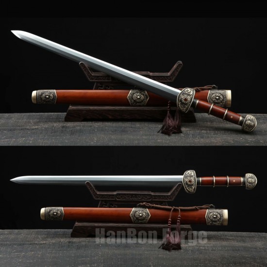 Chinese Sword Bawang Jian Clay Tempered With Pattern Steel Hand Forged Rosewood Scabbard Brass Carved Chinese Sword Bawang Jian Clay Tempered With Pattern Steel Hand Forged Rosewood Scabbard Brass Carved