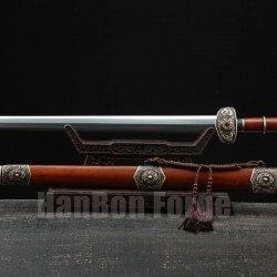 Chinese Sword Bawang Jian Clay Tempered With Pattern Steel Hand Forged Rosewood Scabbard Brass Carved