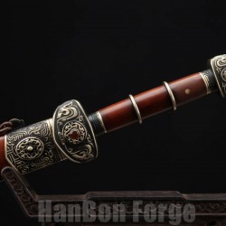 Chinese Sword Bawang Jian Clay Tempered With Pattern Steel Hand Forged Rosewood Scabbard Brass Carved