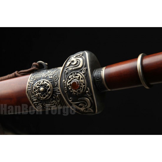 Chinese Sword Bawang Jian Clay Tempered With Pattern Steel Hand Forged Rosewood Scabbard Brass Carved