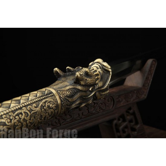 Chinese Sword Dragon Fumoren(龙头伏魔刃) Handmade Pattern Steel  Blade Ebony Scabbard Clay Tempered