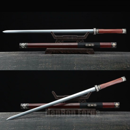 Chinese Sword Qin Dynasty Jian Hand Forged Pattern Steel Blade Copper Fittings Clay Tempered Traditional Sword