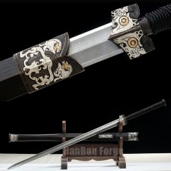 Chinese Sword Han Dynasty Jiaolong Hand Forged Damascus Steel Pure copper Gilt gold Gilt Silver Embossed Dragon Decoration