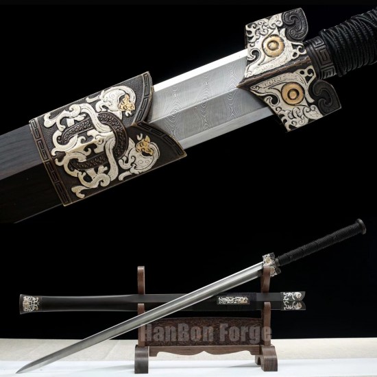 Chinese Sword Han Dynasty Jiaolong Hand Forged Damascus Steel Pure copper Gilt gold Gilt Silver Embossed Dragon Decoration