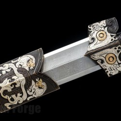 Chinese Sword Han Dynasty Jiaolong Hand Forged Damascus Steel Pure copper Gilt gold Gilt Silver Embossed Dragon Decoration