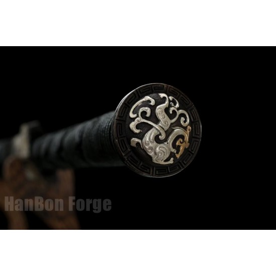Chinese Sword Han Dynasty Jiaolong Hand Forged Damascus Steel Pure copper Gilt gold Gilt Silver Embossed Dragon Decoration