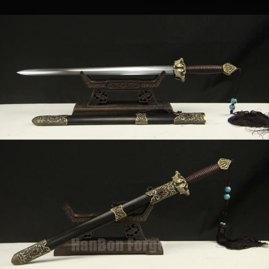 Chinese Sword Double Fishes Jian Pattern Steel Clay Tempered Fully Handmade Samurai Sword Inlaid Jade With Ebony Scabbard Chinese Sword Double Fishes Jian Pattern Steel Clay Tempered Fully Handmade Samurai Sword Inlaid Jade With Ebony Scabbard