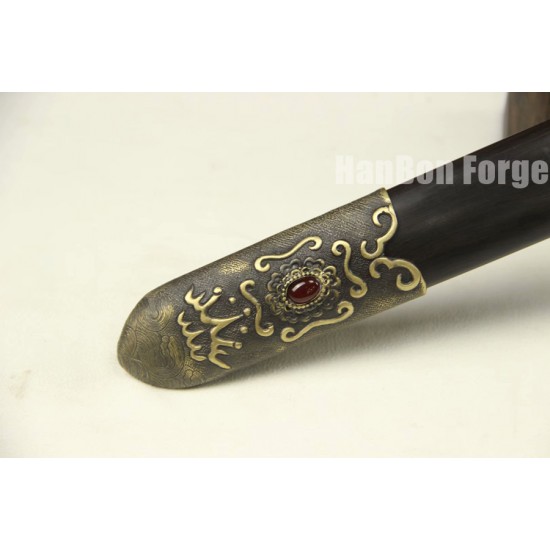 Chinese Sword Double Fishes Jian Pattern Steel Clay Tempered Fully Handmade Samurai Sword Inlaid Jade With Ebony Scabbard