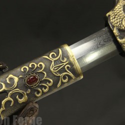 Chinese Sword Double Fishes Jian Pattern Steel Clay Tempered Fully Handmade Samurai Sword Inlaid Jade With Ebony Scabbard