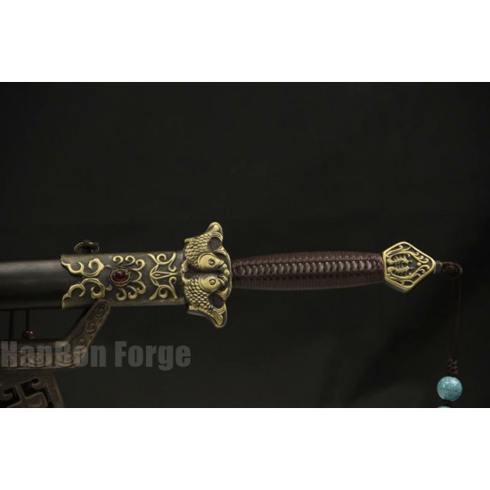 Chinese Sword Double Fishes Jian Pattern Steel Clay Tempered Fully Handmade Samurai Sword Inlaid Jade With Ebony Scabbard