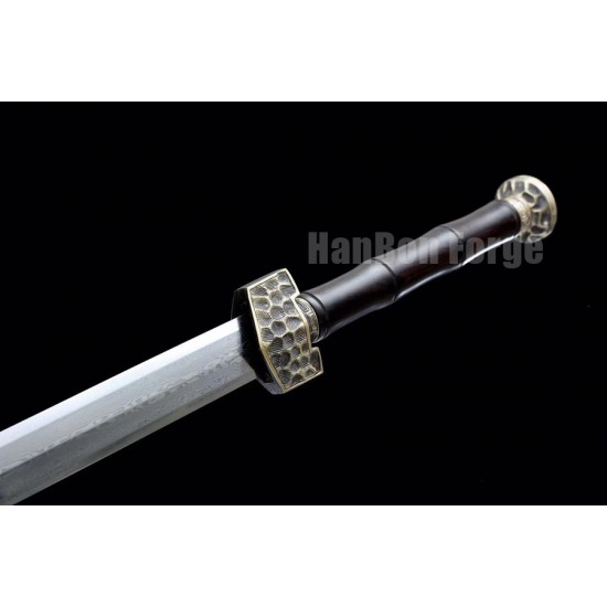 Chinese Sword Han Dynasty Jian Hand Forged Pattern Steel Eight Sides Full Tang Blade Ebony Scabbard Copper Fittings