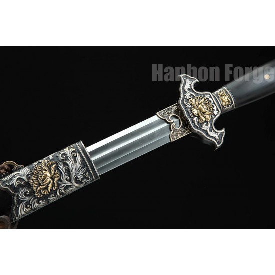 Chinese Sword Mudan Jian Hand Forged Folded Pattern Steel Clay Tempered Balde With Hi Copper Fittings