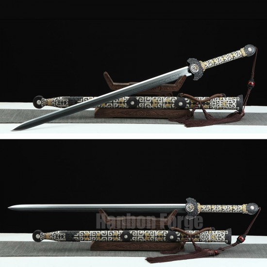 Chinese Sword Yueshen Jian Hand Forged Pure Copper Carved Scabbard Pattern Steel Clay Tempered Blade 