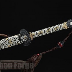 Chinese Sword Yueshen Jian Hand Forged Pure Copper Carved Scabbard Pattern Steel Clay Tempered Blade 