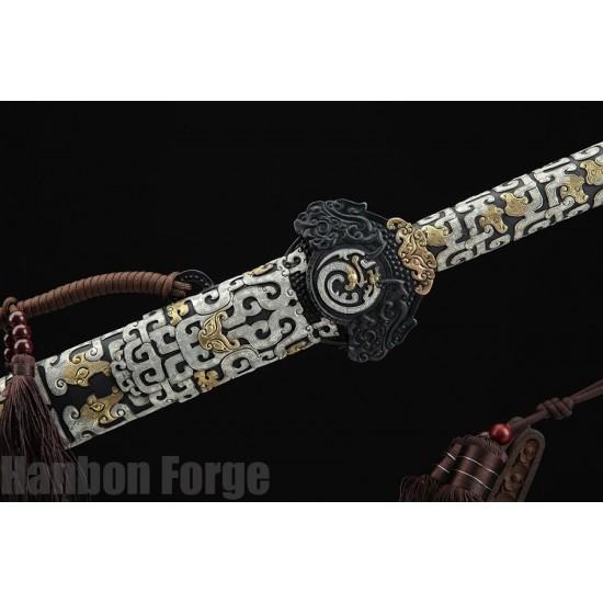 Chinese Sword Yueshen Jian Hand Forged Pure Copper Carved Scabbard Pattern Steel Clay Tempered Blade 