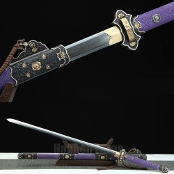 Chinese Sword Tang Dynasty Mudan Jian Hand Forged Pattern Steel With Purple Rayskin Scabbard Clay Tempered Blade