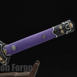 Chinese Sword Tang Dynasty Mudan Jian Hand Forged Pattern Steel With Purple Rayskin Scabbard Clay Tempered Blade