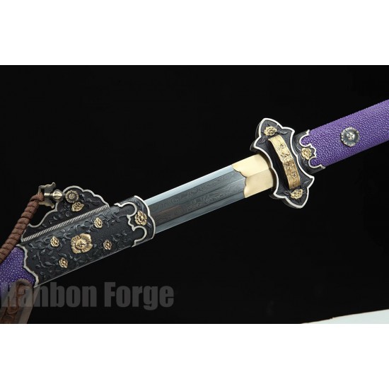 Chinese Sword Tang Dynasty Mudan Jian Hand Forged Pattern Steel With Purple Rayskin Scabbard Clay Tempered Blade