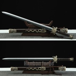 Chinese Jian Sword Hand Forged Clay Tempered Pattern Steel Traditional Snake Jian With Carved Copper Fittings