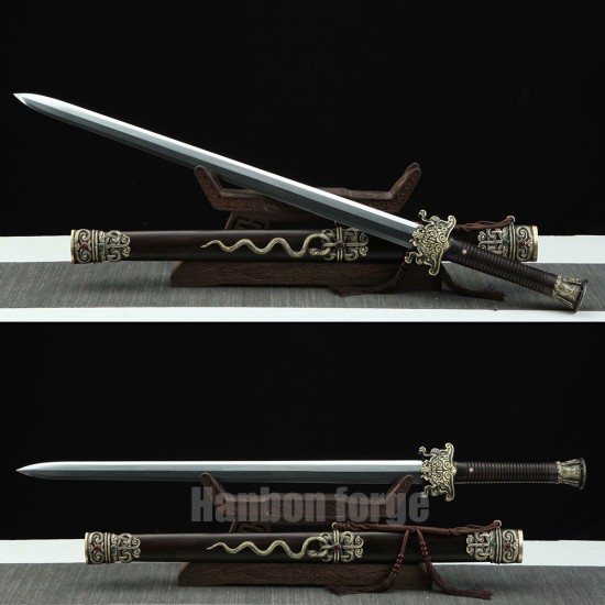 Chinese Jian Sword Hand Forged Clay Tempered Pattern Steel Traditional Snake Jian With Carved Copper Fittings