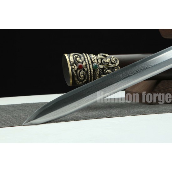 Chinese Jian Sword Hand Forged Clay Tempered Pattern Steel Traditional Snake Jian With Carved Copper Fittings