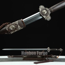 Chinese Jian Dragon Sword Handmade Clay Tempered Pattern Steel Hazuya Polish Blade With Ebony Scabbard For Sale