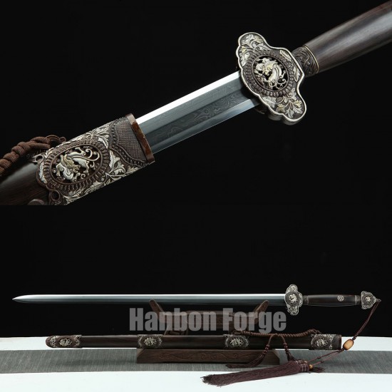 Chinese Jian Dragon Sword Handmade Clay Tempered Pattern Steel Hazuya Polish Blade With Ebony Scabbard For Sale Chinese Jian Dragon Sword Handmade Clay Tempered Pattern Steel Hazuya Polish Blade With Ebony Scabbard For Sale