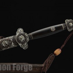 Chinese Jian Dragon Sword Handmade Clay Tempered Pattern Steel Hazuya Polish Blade With Ebony Scabbard For Sale