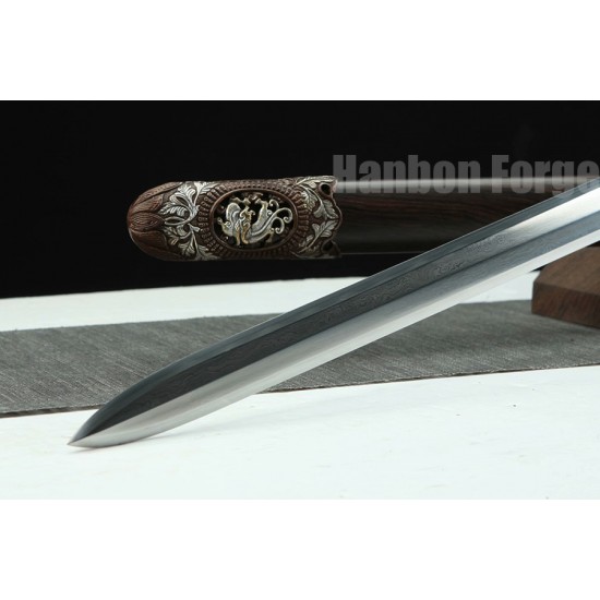 Chinese Jian Dragon Sword Handmade Clay Tempered Pattern Steel Hazuya Polish Blade With Ebony Scabbard For Sale