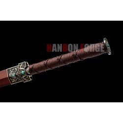Chinese Sword Four Beasts Han Jian Hand Forged Pattern Steel Blade Hand Polish With Brass Fittings