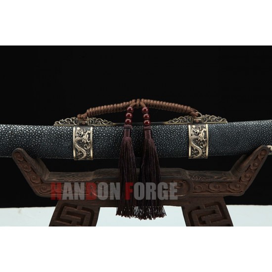 Chinese Dragon Qing Dao Sword Hand Forged Pattern Steel With Clay Tempered Blade Real Rayskin Scabbard