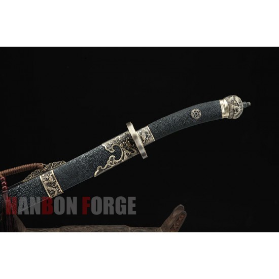Chinese Dragon Qing Dao Sword Hand Forged Pattern Steel With Clay Tempered Blade Real Rayskin Scabbard
