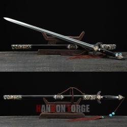 Chinese Sword Dragon Phoenix Jian Cpooer Carved Pattern Folded Steel Blade Ebony Scabbard