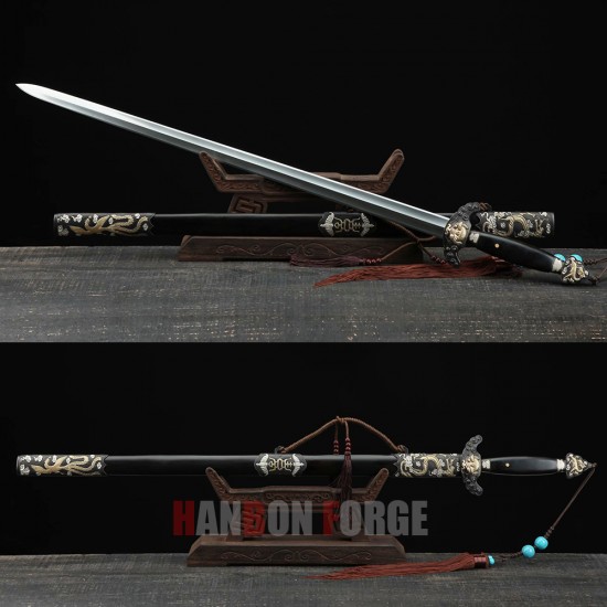 Chinese Sword Dragon Phoenix Jian Cpooer Carved Pattern Folded Steel Blade Ebony Scabbard Chinese Sword Dragon Phoenix Jian Cpooer Carved Pattern Folded Steel Blade Ebony Scabbard