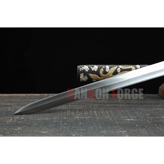 Chinese Sword Dragon Phoenix Jian Cpooer Carved Pattern Folded Steel Blade Ebony Scabbard