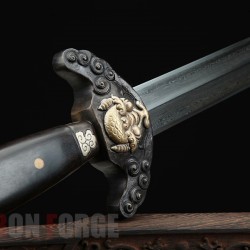 Chinese Sword Dragon Phoenix Jian Cpooer Carved Pattern Folded Steel Blade Ebony Scabbard